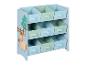 Blaues Kinderregal mit 9 Stoffboxen und Bauernhofmotiven.