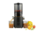 Schwarzer Slow Juicer mit Obst und Saft im Glas.