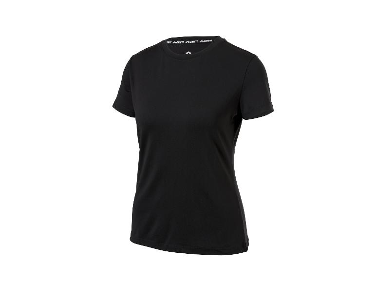 Schwarzes Crivit Damen-T-Shirt mit kurzen Ärmeln und Rundhalsausschnitt.
