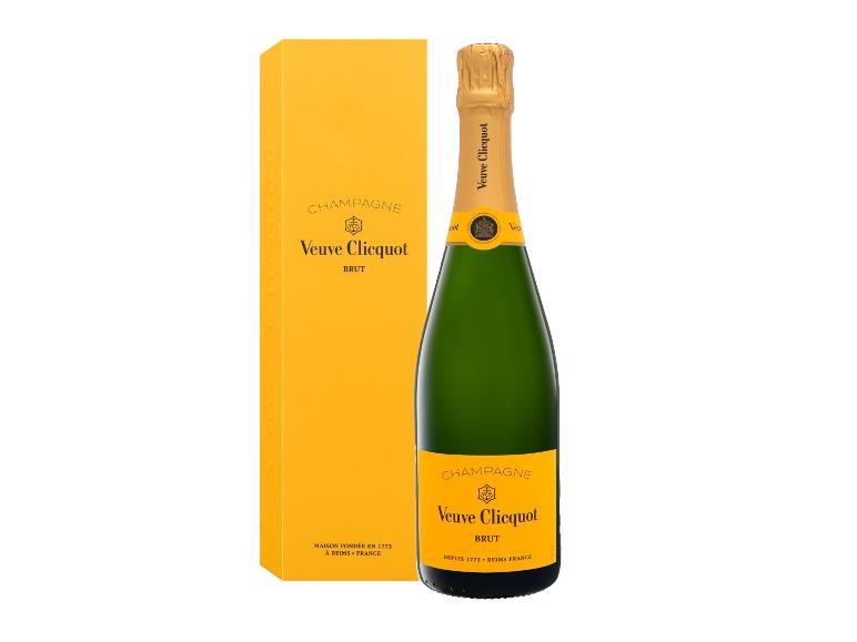 Champagnerflasche und -karton mit den Aufschriften „Brut“ und „Champagne“.