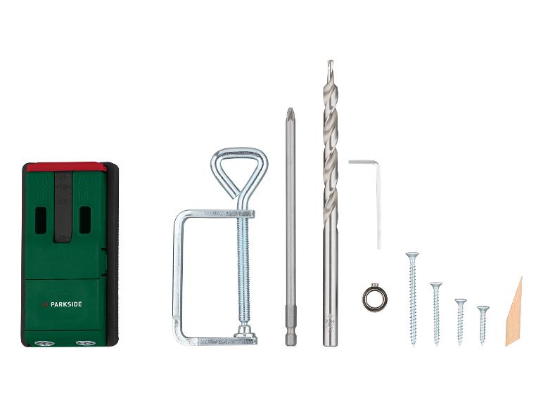 Bohrwerkzeug-Set mit Bohrer, Schrauben, Klemme und Inbusschlüssel.