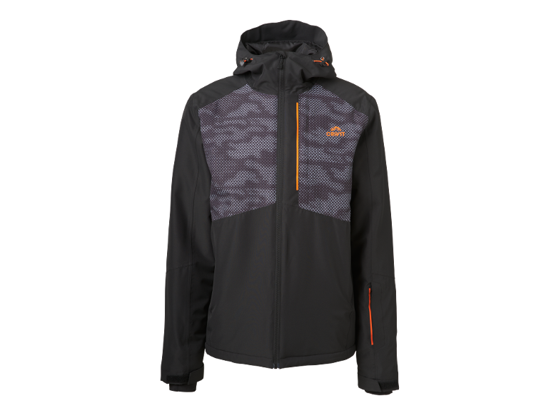 Schwarze Herren-Skijacke mit grauem Muster und orangefarbenen Akzenten