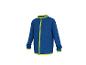 Blaue Fleecejacke mit leuchtend grünem Reißverschluss und Besatz.
