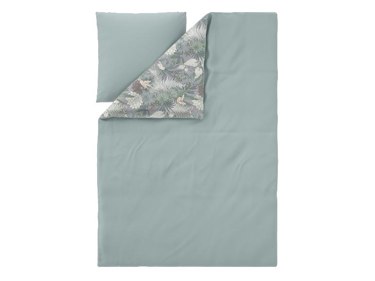 Bettwäsche-Set in Hellgrün mit Kissenbezug, mit Blumen- und Vogelmuster auf der Rückseite.
