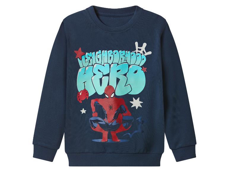 Blaues Sweatshirt mit Superhelden-Aufdruck und dem Text „NEIGHBORHOOD HERO“.