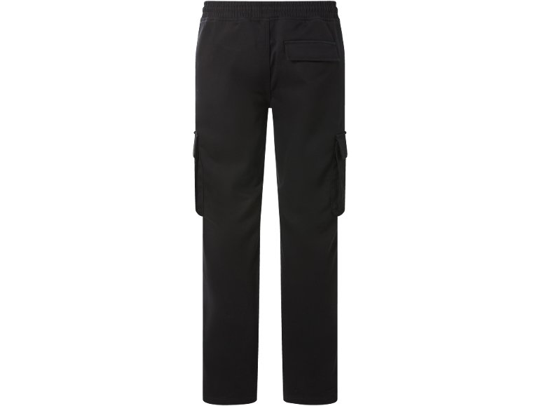 Schwarze Herren-Cargohose mit elastischem Bund und Seitentaschen.