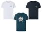 Drei T-Shirts: weiß "Work-Life Balance", dunkelblau (Surfen), dunkelgrün (Motorrad).