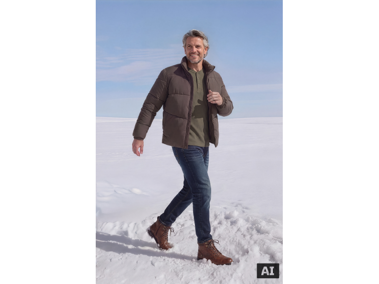 Mann in brauner Steppjacke, olivgrünem Langarmshirt und Jeans geht im Schnee.
