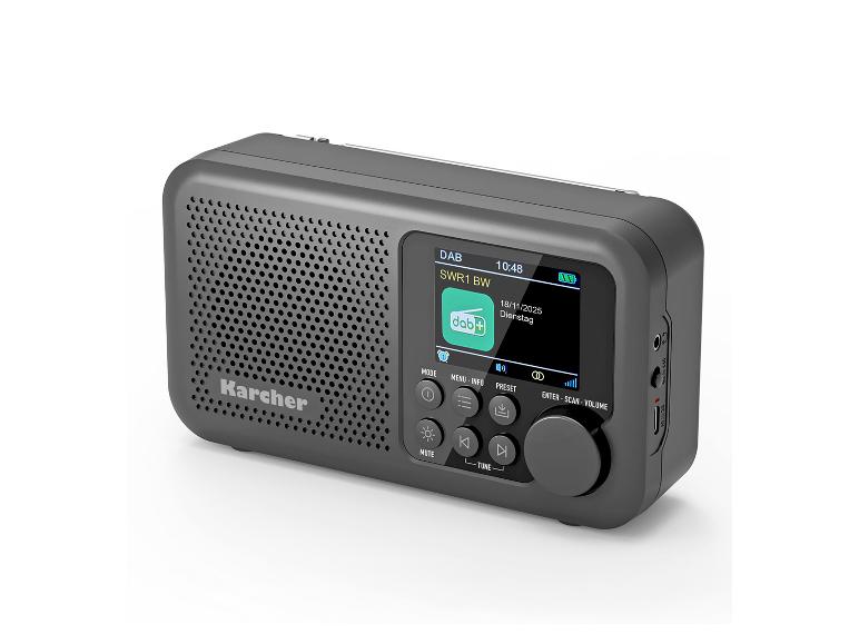Tragbares Digitalradio mit Farbbildschirm, der Uhrzeit und Senderinformationen anzeigt.