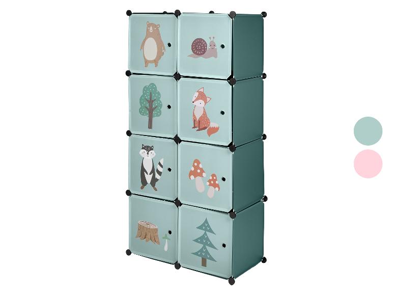 Modulares Kinderschrank mit Waldtier- und Pflanzenmotiven in Mintfarbe.