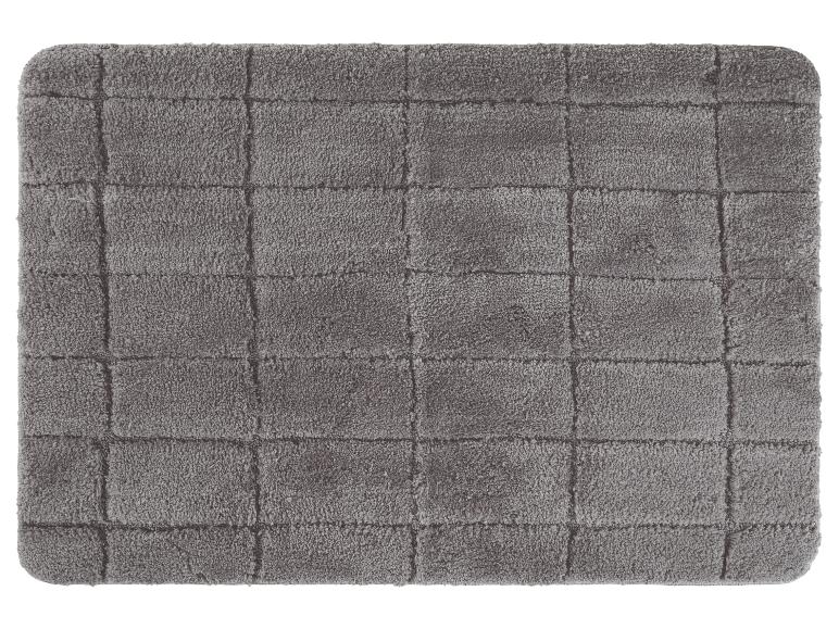 Grauer Badezimmerteppich mit Karomuster.