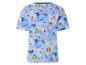 Lidl T-Shirt, hellblau mit Aufdruck von Einkaufswagen, Würstchen und Lebensmitteln.