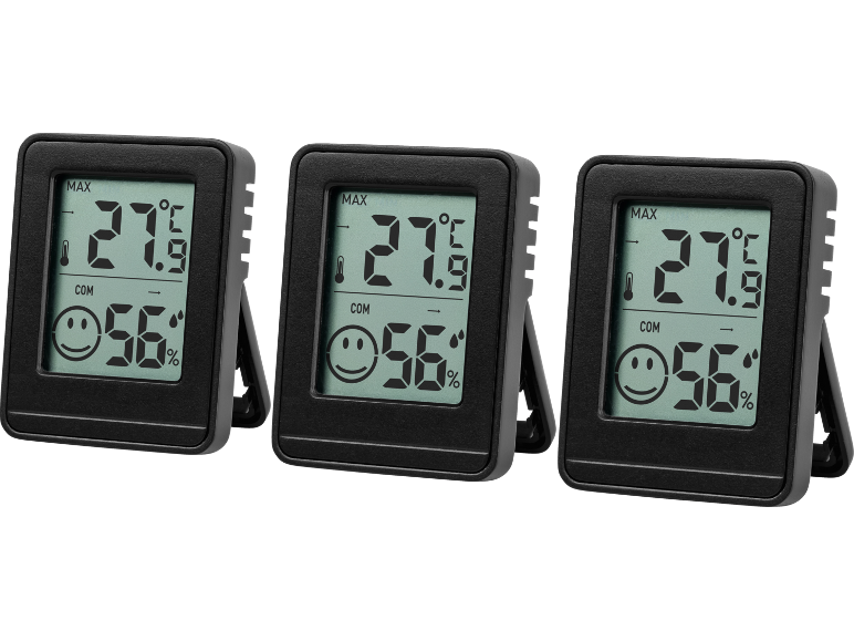 Drei digitale Thermometer zeigen 27.9°C und 56% Luftfeuchtigkeit mit einem lachenden Gesichtssymbol