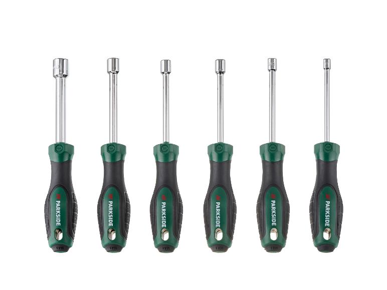 Sechs Parkside Steckschlüssel mit grün-schwarzen Griffen, in verschiedenen Größen.