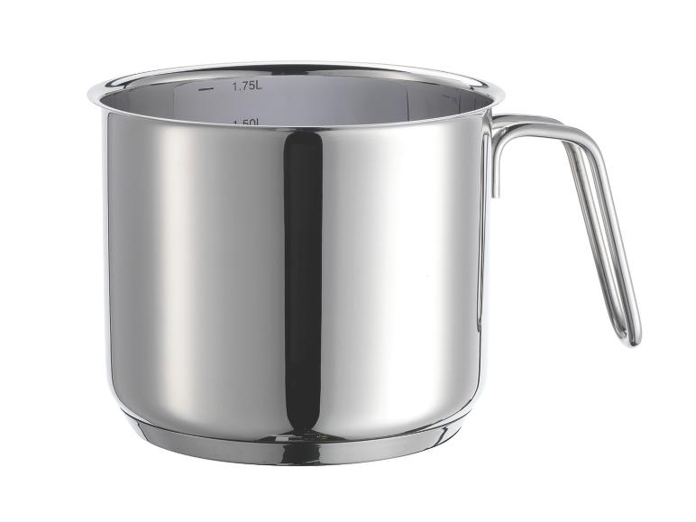 Messbecher aus Edelstahl mit Griff und Volumenmarkierungen bis 1,75 L.