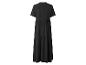 Schwarzes kurzärmeliges Maxikleid mit Stufenrock, Rückansicht.