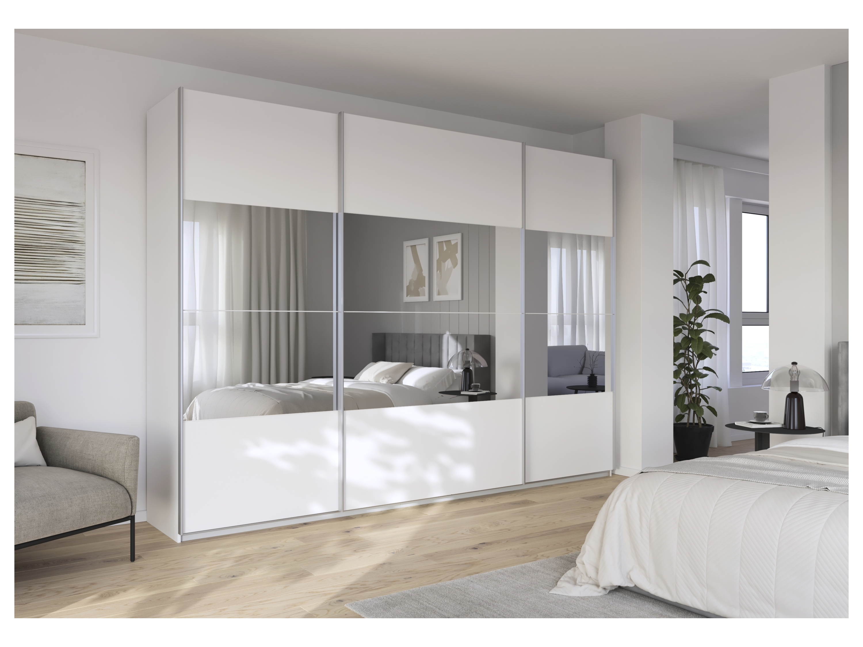 RAUCH ORANGE Quadra Schwebetürenschrank mit Spiegelelementen (Premium-Zubehör, Korpus Weiß, 315 x 230 cm) – Bild 2 von 4