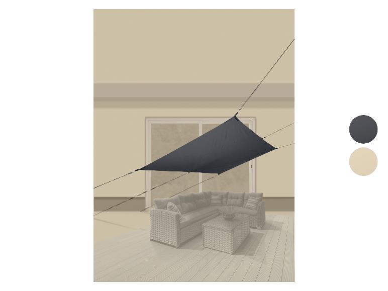 Dunkelgraues Sonnensegel über einer Terrasse mit Gartenmöbeln, mit Farbmustern.