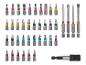 Ein Sortiment an Schraubendreher-Bits in verschiedenen Größen und Typen, darunter Schlitz, Phillips und Torx, mit Bithalter.