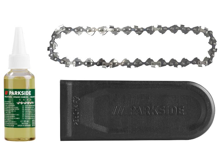 Parkside Bio-Kettenöl, Sägekette und schwarze Schutzhülle.