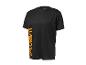 Schwarzes Crivit Sport-T-Shirt mit orangefarbenem vertikalem Logo an der Seite.