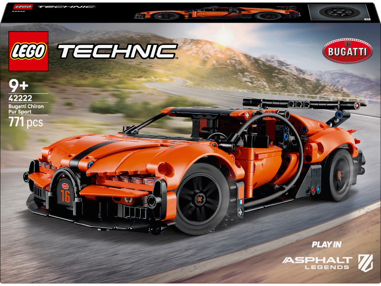 Bausatz eines orangefarbenen Sportwagens in einer Schachtel.