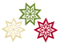 Drei Weihnachtssterne: grün, beige und rot, auf schwarzem Hintergrund.