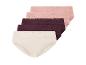 Set aus fünf Damenunterhosen in Beige, Bordeaux und Rosa, mit Spitzenbesatz.