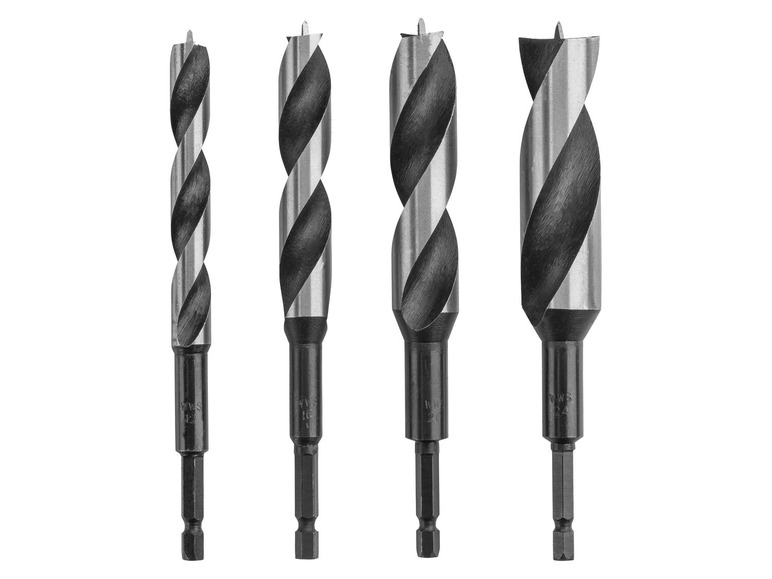 Vier verschiedene Bohrer für Holz.