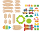 Holzspielzeug-Set mit Eisenbahnschienen, Zug, Xylophon und Bausteinen.