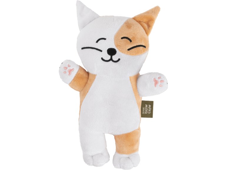 Weiß-orangefarbenes Katzen-Plüschtier mit lächelndem Gesicht und Pfoten mit rosa Ballen.