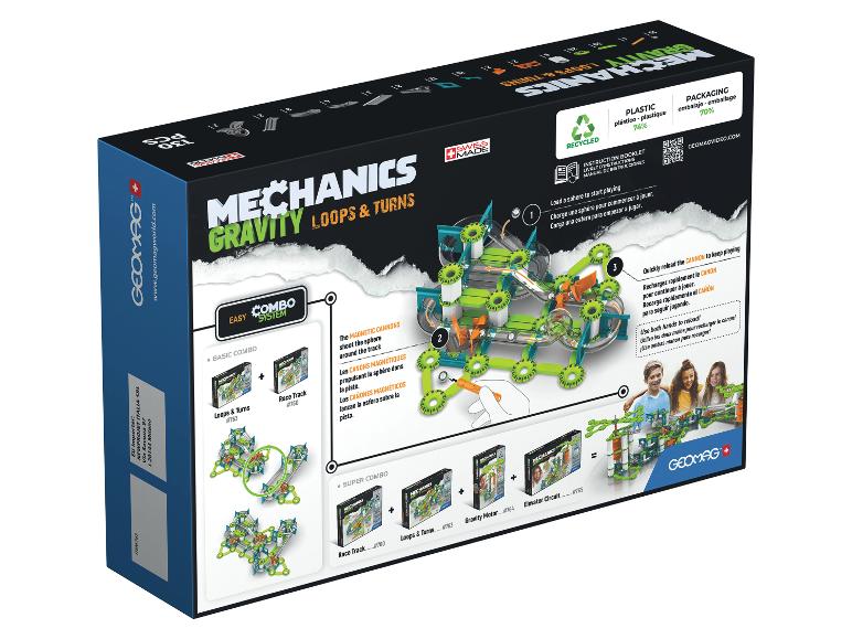 Mechanik-Set mit Schleifen und Kurven, das Magnetkanonen und Lademechanismen zeigt.
