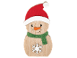 Hölzerne Schneemann-Dekoration mit roter Mütze, grünem Schal und Schneeflocke.