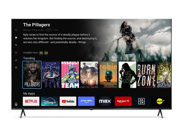 Fernseher mit Startbildschirm, der Filme und Streaming-Apps anzeigt.