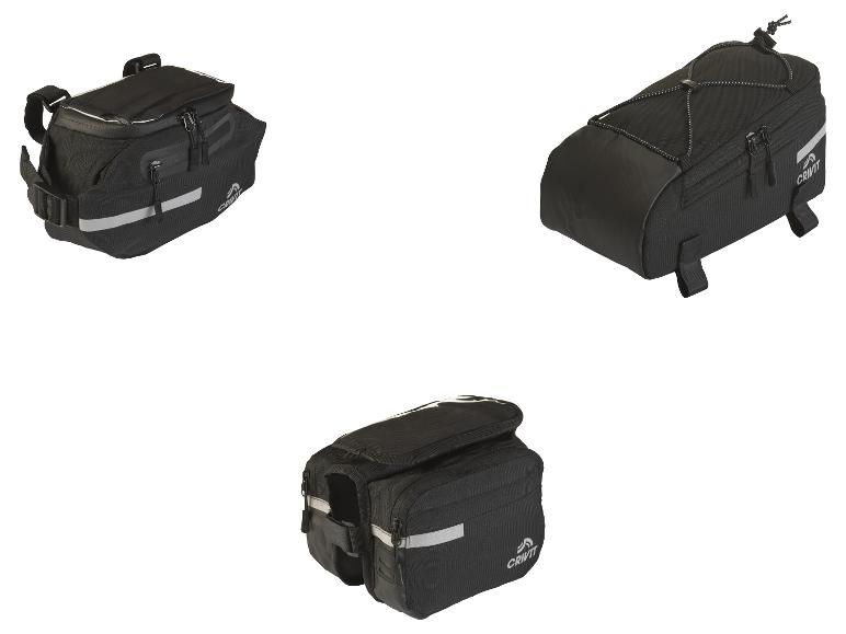 Drei schwarze CRIVIT Fahrradtaschen in verschiedenen Stilen.