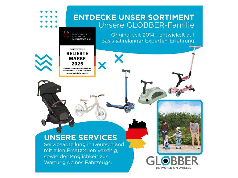 Kinderwagen, Laufrad, Roller und Familie im Freien, die Produktpalette und Dienstleistungen bewerben.