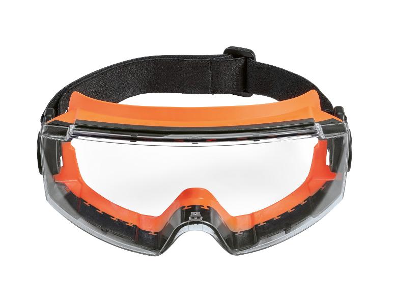Schutzbrille mit orangefarbenem Rahmen und schwarzem Gummiband.