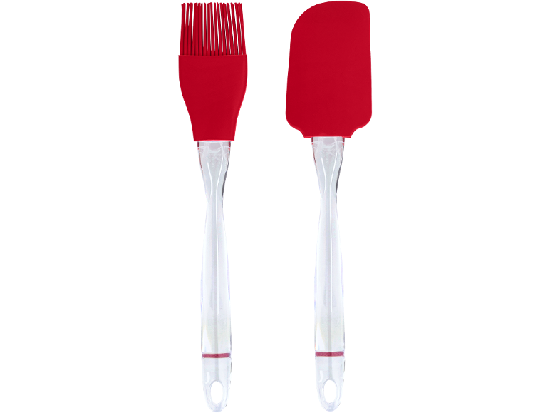 Roter Silikon-Backpinsel und Spatel mit transparenten Griffen.