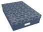 Eine blaue Aufbewahrungsbox mit geometrischem Muster.