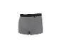 Graue Boxershorts mit schwarzem Gummibund und kleinem Etikett.