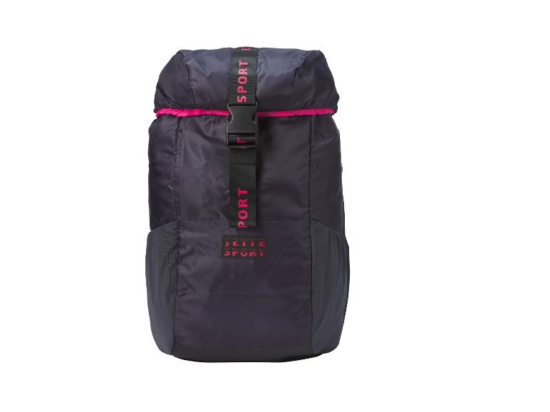 Ein schwarzer Rucksack mit rosafarbenen Akzenten der Marke Jette Sport.