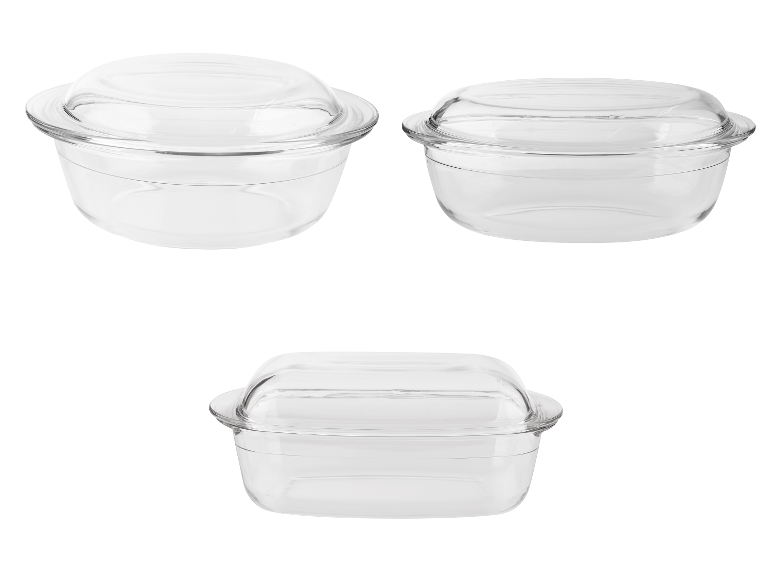 Drei transparente Glasbehälter mit Deckeln.