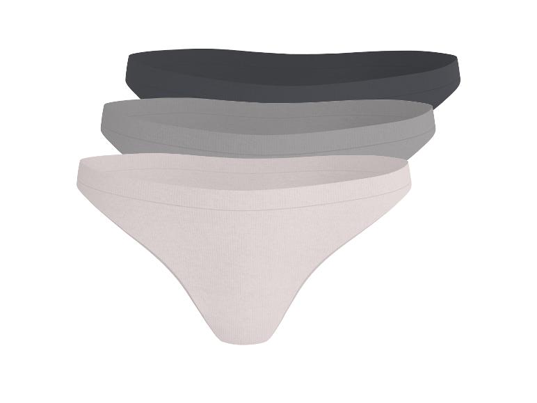 Drei Damen-String-Slips in Schwarz, Grau und Beige.
