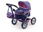 Ein blauer Puppenwagen mit rosa Herzchenmuster.