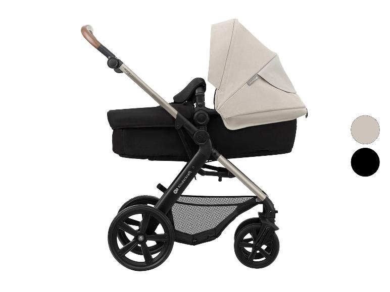 2-in-1 Kinderwagen mit schwarzem Kinderwagenaufsatz und beigem Verdeck, mit braunem Griff und silbernem Gestell.