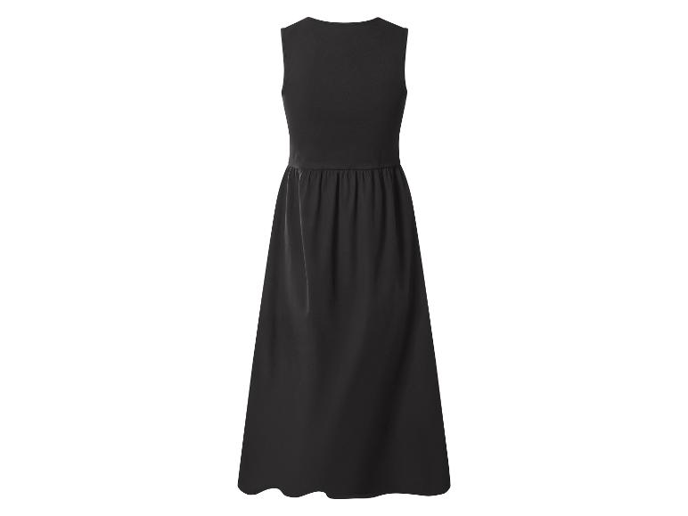 Rückenansicht eines schlichten schwarzen ärmellosen Maxikleides mit geraffter Taille.