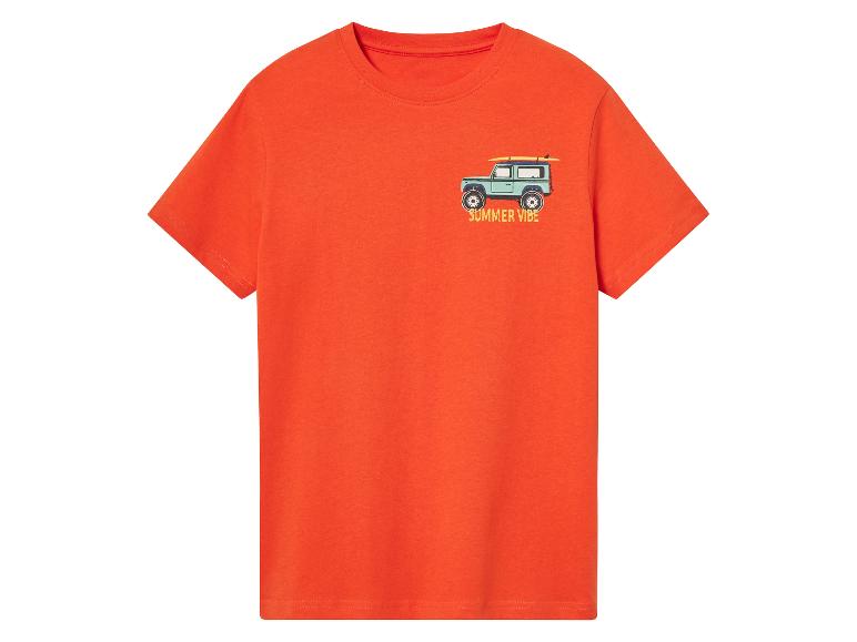 Kurzärmliges orange T-Shirt mit Aufdruck eines Autos und Surfbretts, Sommer-Style.
