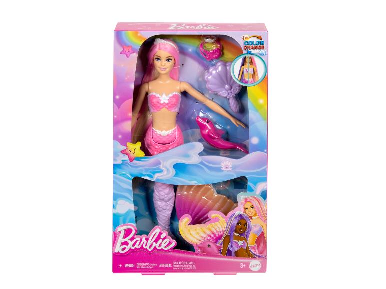 Meerjungfrauenpuppe mit rosa Haaren und Schwanz, Farbwechselfunktion und Meeres-Accessoires.