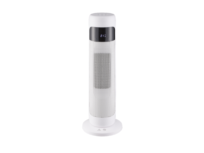 Weißer Turmheizer mit digitaler Anzeige, die 21°C anzeigt.