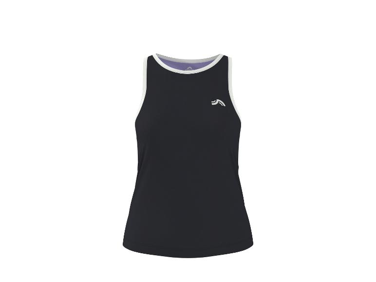Schwarzes ärmelloses Sporttop für Damen mit weißen Rändern und Logo